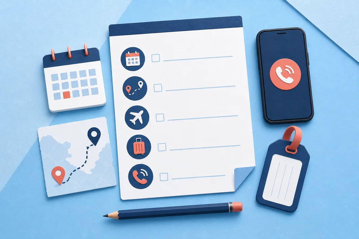 Illustration of a flight call checklist with dates, route, phone, and bag details