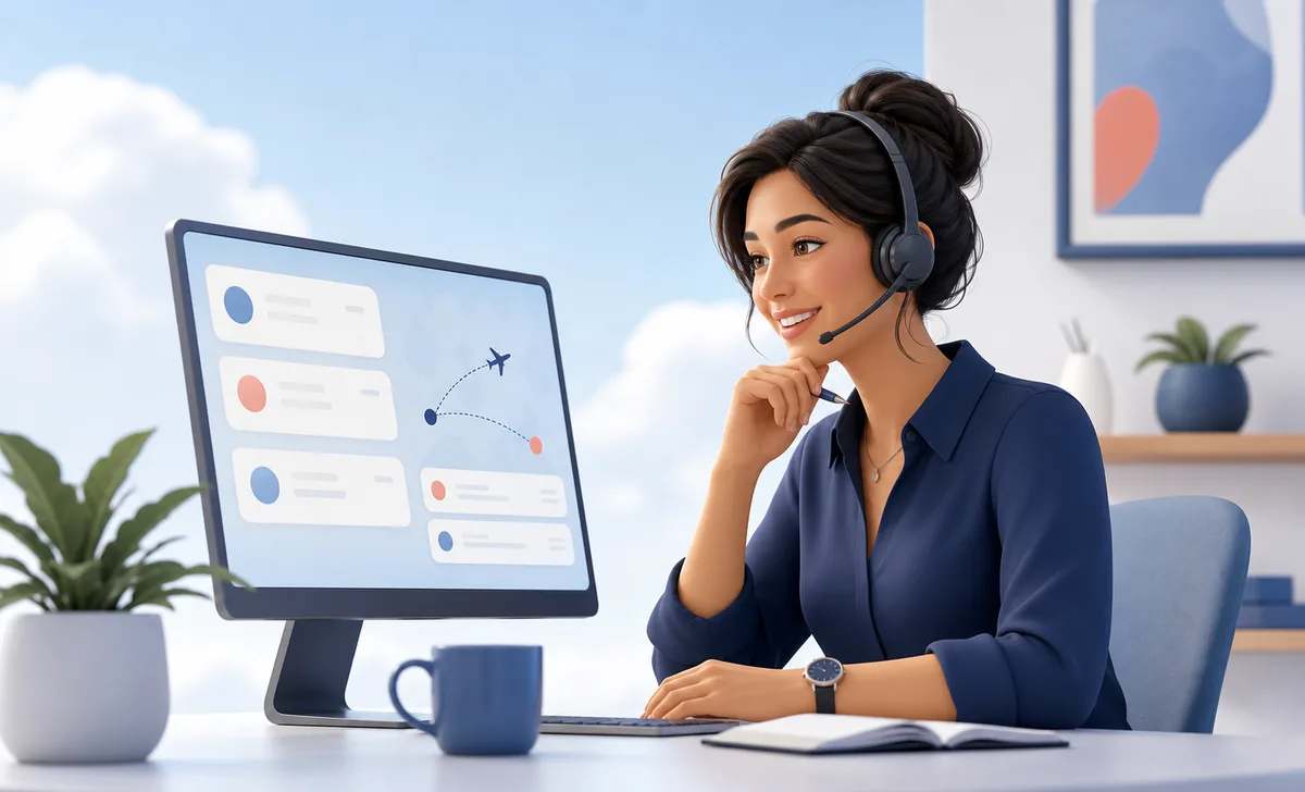 Illustration of a travel specialist reviewing flight options during a call