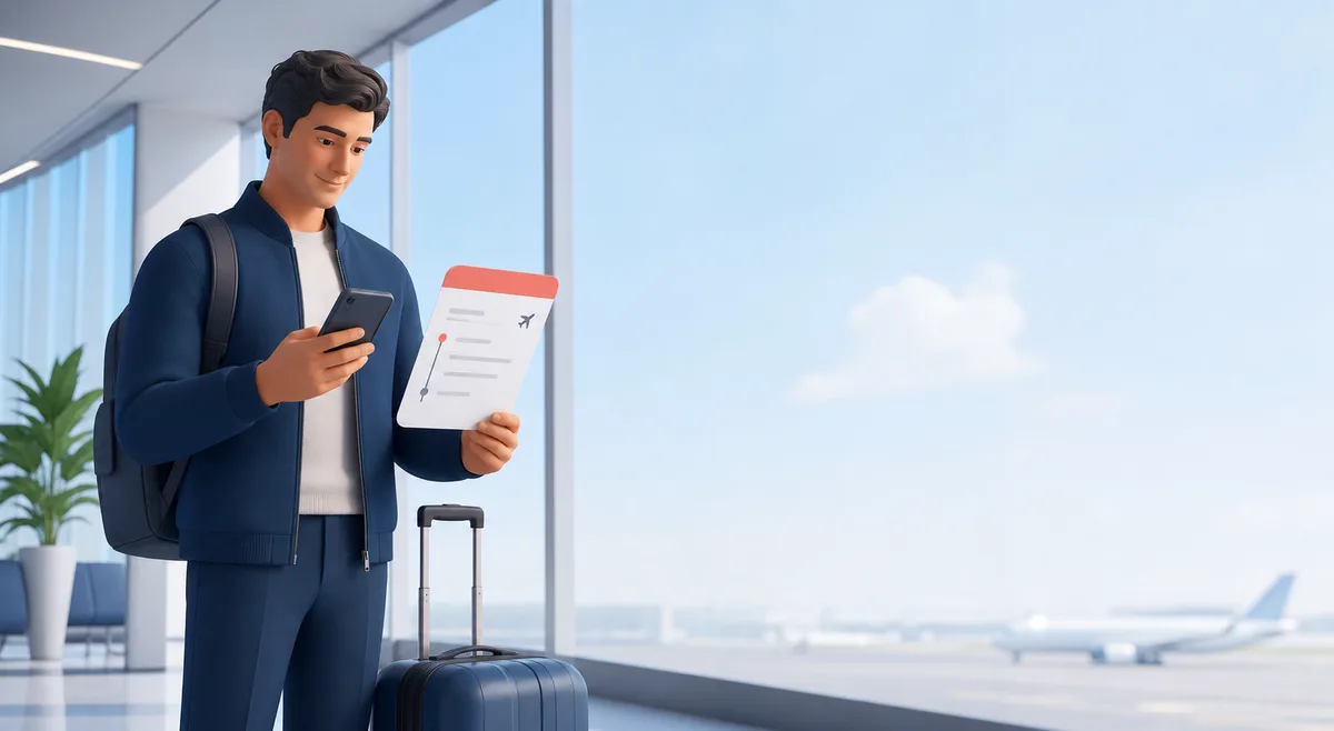 Illustration of a traveler using a phone to review an existing flight